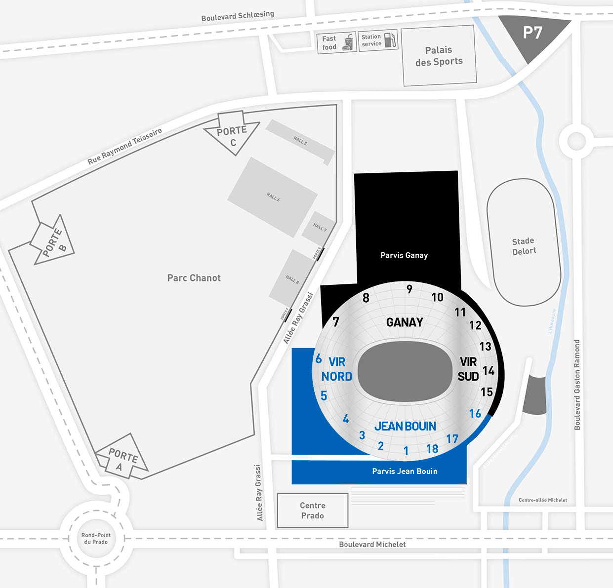 Plan officiel des accès au Stade CEPAC Vélodrome, avec les tribunes et les voies d’accès